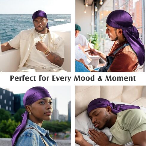 YFONG 100% 22 Momme Mulberry Silk Durags للرجال والنساء، مسامية وناعمة لـ 360 موجة، قطعتان، أسود وأرجواني in Kuwait