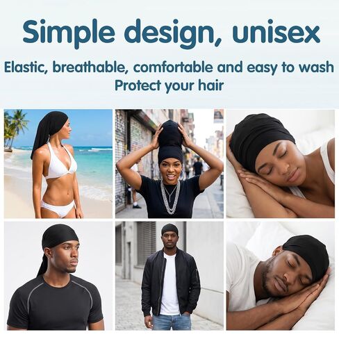 6 Pieces Unisex Jumbo Dreadlock Cap, Long Hair Head Wrap Sleeping Cap for Men Women, Black Spandex Bonnet for Dreads, Shower & Night Use in Kuwait