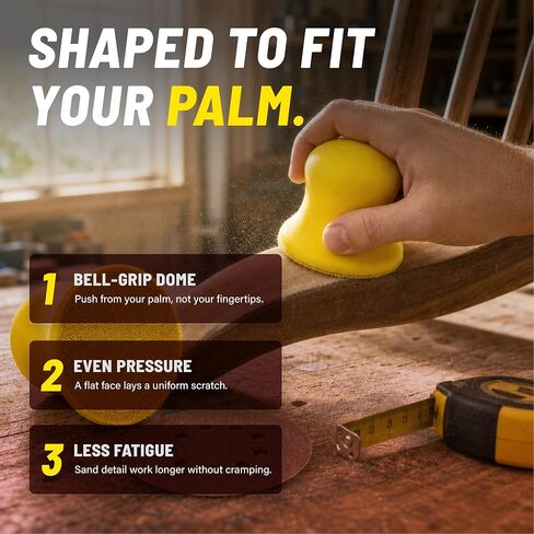 Core Series 3 Inch Hand Sanding Block, Bell-Shape Hand Sander, Firm Yellow Foam, Hook & Loop, Fits Standard 3 in Discs, for Auto Body, Wood, Block Sanding, Made in USA, 2-Pack (PN 03400) in Kuwait