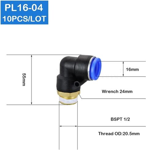 L على شكل PT 1/2 "ذكر مترابطة إلى 16 مللي متر أنابيب هوائية سريعة التركيب PL16-04 10 قطعة in Saudi Arabia