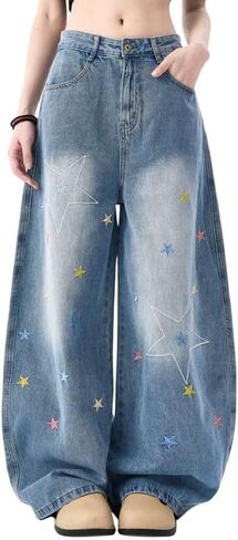 Baggy Jeans for Women Girls Star Embroidered High Waist Barrel Leg Jean Casual Cute Pants Preppy Clothes in Saudi Arabia