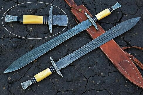 Maximus Gladius Roman Sword, Hand-Forged Damascus Steel Double Edge Blade, Walnut Wood Handle with Brass Spacers, 29-Inch Length, 21-Inch Blade, Leather Scabbard in Kuwait
