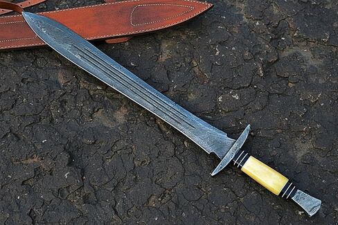Maximus Gladius Roman Sword, Hand-Forged Damascus Steel Double Edge Blade, Walnut Wood Handle with Brass Spacers, 29-Inch Length, 21-Inch Blade, Leather Scabbard in Kuwait