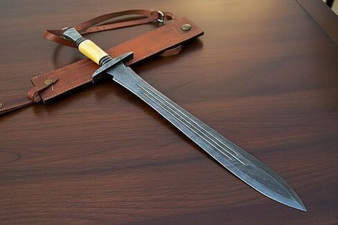 Maximus Gladius Roman Sword, Hand-Forged Damascus Steel Double Edge Blade, Walnut Wood Handle with Brass Spacers, 29-Inch Length, 21-Inch Blade, Leather Scabbard in Kuwait