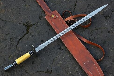 Maximus Gladius Roman Sword, Hand-Forged Damascus Steel Double Edge Blade, Walnut Wood Handle with Brass Spacers, 29-Inch Length, 21-Inch Blade, Leather Scabbard in Kuwait
