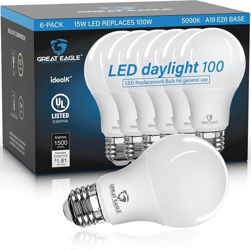Great Eagle A19 LED Light Bulbs – 100W Equivalent (15W), Daylight 5000K, 1500 Lumens, Non-Dimmable, UL-Listed, Energy-Saving 4-Pack in Kuwait