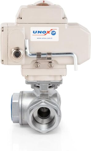 صمام كروي بمحرك UNOX 1-1/4 بوصة 110 فولت تيار متردد NPT، صمام كروي كهربائي ثلاثي الاتجاه على شكل حرف L من الفولاذ المقاوم للصدأ AISI304، ملولب، 63 بار، IP67 in Kuwait