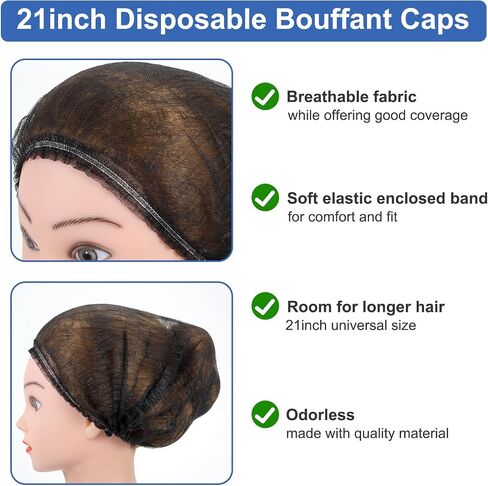 500 Pcs Black Disposable Hair Nets, 21 Inch Bouffant Caps, Elastic Hair Covers for Food Service, Kitchen, Nurses, Labs in Kuwait