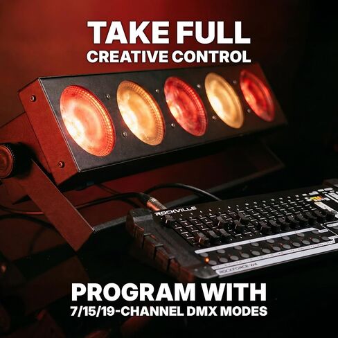 Rockville FIVE-EYE 5 Head 150w RGB COB Blinder Light، علبة ألومنيوم متينة، 19 قناة DMX/تلقائي/أوضاع صوت | معدن مصبوب، 2770 لومن، خالي من الوميض، صوت نشط، PowerCON، سلسلة ديزي، المسرح/دي جي in Kuwait