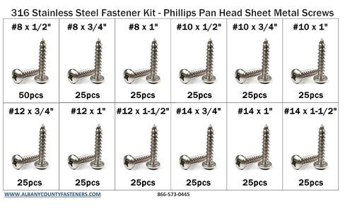 316 Stainless Steel Phillips Pan Head Sheet Metal Screw Assortment Kit Sizes #8 Through #14-326 Pieces in Kuwait