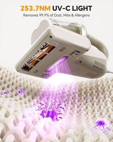 مكنسة كهربائية للمرتبة Mr.ego، مكنسة كهربائية للسرير 16 كيلو باسكال مع ضوء UV-C 253.7 نانومتر والموجات فوق الصوتية، سلك 16.4 قدم، فلتر HEPA قابل للغسل، مكنسة كهربائية محمولة للسرير والأريكة وسرير الأطفال والسجاد (أبيض) in Kuwait