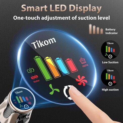 Tikom V850 Cordless Vacuum Cleaner for Home, 50000Pa/550W 70Mins Stick Vacuum with LED Touch Screen, 1.8L Dust Cup, Charging Wall Dock, Anti-Tangle, Lightweight Vacuum for Pet Hair, Hard Floor, Carpet in Saudi Arabia