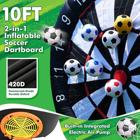 10FT 2-in-1 Inflatable Soccer Dart Board for Adult with Built-in Electric Blower, Dual Use Kick Dart Game & Backyard Outdoor Movie Projection Screen,20+ Game Modes for Yard Party Carnival in Kuwait