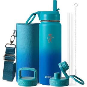 زجاجة مياه Coolflask سعة 64 أونصة معزولة بالقش و3 أغطية، إبريق ماء نصف جالون، قارورة فراغ معدنية كبيرة من الفولاذ المقاوم للصدأ للصالة الرياضية والرياضة والسفر، تحافظ على البرودة 48 ساعة ساخنة 24 ساعة، فيروزي in Kuwait