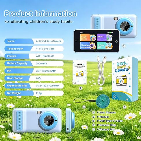 Kids AI Digital Camera with Everything Recognition, 5G/2.4G WiFi Dual Lens Camera for Girls Boys Ages 4-12, 4" Touch Screen LCD, Ideal Birthday(Blue) in Saudi Arabia