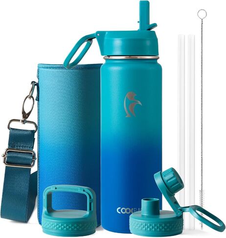 زجاجة مياه Coolflask سعة 64 أونصة معزولة بالقش و3 أغطية، إبريق ماء نصف جالون، قارورة فراغ معدنية كبيرة من الفولاذ المقاوم للصدأ للصالة الرياضية والرياضة والسفر، تحافظ على البرودة 48 ساعة ساخنة 24 ساعة، فيروزي in Kuwait