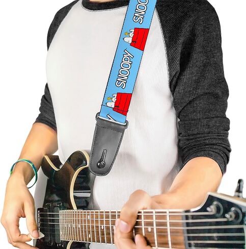 Buckle-Down Peanuts Guitar Strap, Snoopy and Woodstock Dog House Pose and Text Sky Blue, 2 Inches Wide in Kuwait