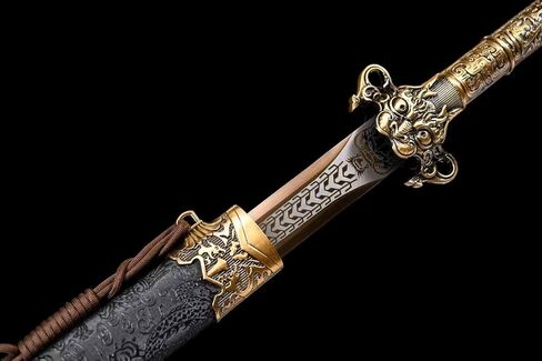 LOONGSWORD 41 "سيف الحلق الصيني المصنوع يدويًا - جيان تقليدي مصنوع من الفولاذ المنغنيز العالي، سيف كامل تانغ قابل للجمع مع غمد تنين أسود للعرض، ديكور المنزل in Kuwait