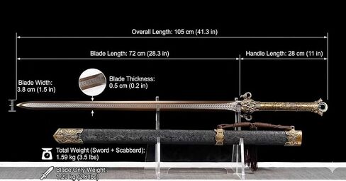 LOONGSWORD 41 "سيف الحلق الصيني المصنوع يدويًا - جيان تقليدي مصنوع من الفولاذ المنغنيز العالي، سيف كامل تانغ قابل للجمع مع غمد تنين أسود للعرض، ديكور المنزل in Kuwait