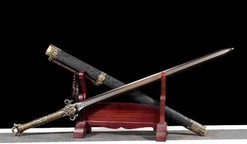 LOONGSWORD 41 "سيف الحلق الصيني المصنوع يدويًا - جيان تقليدي مصنوع من الفولاذ المنغنيز العالي، سيف كامل تانغ قابل للجمع مع غمد تنين أسود للعرض، ديكور المنزل in Kuwait