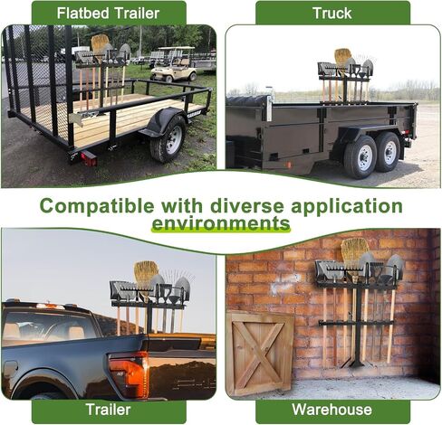 رف أدوات المقطورة المحسن، مجرفة ذات 8 فتحات وحامل مشعل النار مع حلقات مطاطية وأقواس، منظم معدات الحديقة الثقيلة للشاحنات والمقطورات المفتوحة، أسود in Kuwait