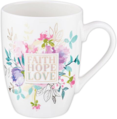 كوب قهوة من Christian Art Gifts للنساء والرجال "Faith Hope Love" - ​​1 Corinthians 13:13 كوب سيراميك أبيض خالٍ من الرصاص وغير سام مع كوب قهوة ملهم من زهور الباستيل، 12oz in Kuwait