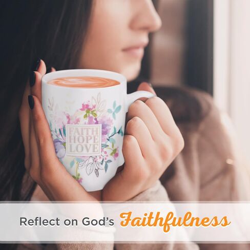 كوب قهوة من Christian Art Gifts للنساء والرجال "Faith Hope Love" - ​​1 Corinthians 13:13 كوب سيراميك أبيض خالٍ من الرصاص وغير سام مع كوب قهوة ملهم من زهور الباستيل، 12oz in Kuwait