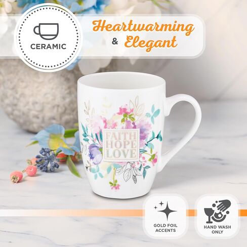 كوب قهوة من Christian Art Gifts للنساء والرجال "Faith Hope Love" - ​​1 Corinthians 13:13 كوب سيراميك أبيض خالٍ من الرصاص وغير سام مع كوب قهوة ملهم من زهور الباستيل، 12oz in Kuwait