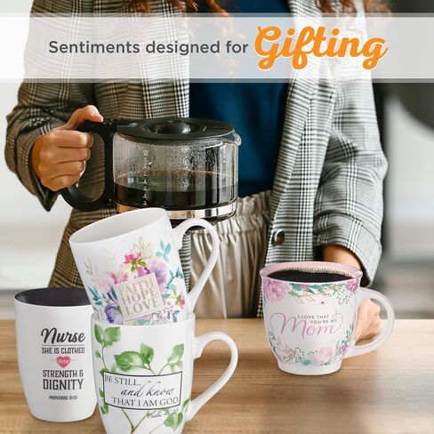 كوب قهوة من Christian Art Gifts للنساء والرجال "Faith Hope Love" - ​​1 Corinthians 13:13 كوب سيراميك أبيض خالٍ من الرصاص وغير سام مع كوب قهوة ملهم من زهور الباستيل، 12oz in Kuwait