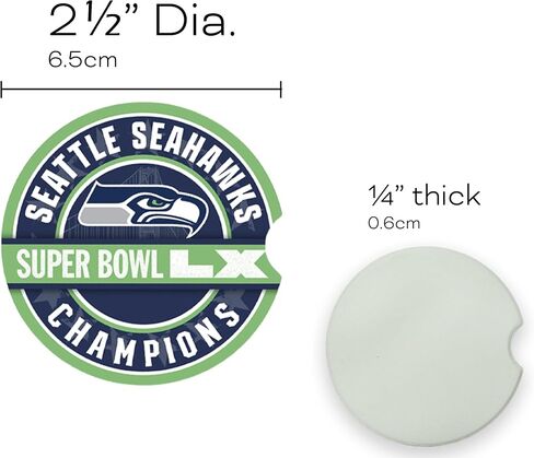 قواعد الأكواب للسيارة من Fan Creations NFL Seattle Seahawks Super Bowl LX Champions - مجموعة من 2 حامل أكواب أوتوماتيكي ماص مع فتحة الإصبع - معدات فريق Super Bowl 60 الرسمية وملحقات المركبات in Kuwait