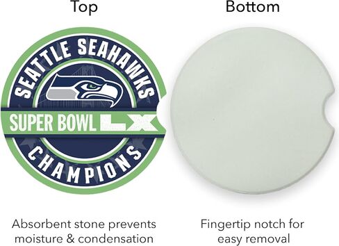 قواعد الأكواب للسيارة من Fan Creations NFL Seattle Seahawks Super Bowl LX Champions - مجموعة من 2 حامل أكواب أوتوماتيكي ماص مع فتحة الإصبع - معدات فريق Super Bowl 60 الرسمية وملحقات المركبات in Kuwait
