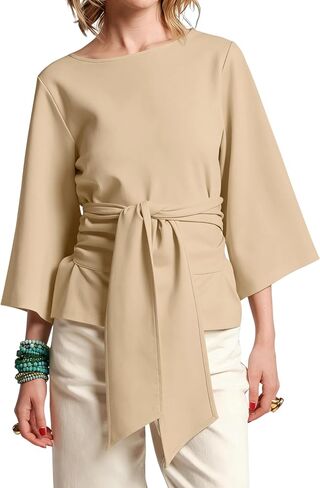 Women's Waist Belted Blouse 3/4 Trumpet Sleeve Tunic Tops 2026 Summer Business Casual Loose Fit Crew Neck Shirt in Saudi Arabia