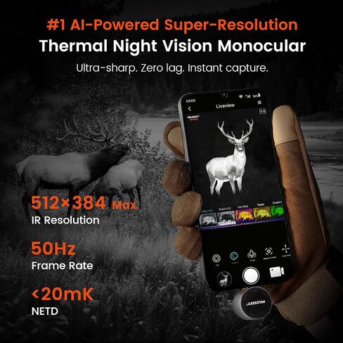 TNV30i Thermal Monocular for USB-C iPhone, iPad & Android, Night Vision Thermal Imaging Camera, 512×384 Super-Resolution 50Hz 20mK 1600-Yard Thermal Infrared Camera for Hunting, Building Detection in Kuwait