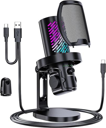 ميكروفون ألعاب Tenlamp RGB USB للكمبيوتر الشخصي، والبث والبودكاست، وميكروفون مكثف قلبي مع تقليل الضوضاء، وكتم صوت اللمس، ومراقبة سماعة الرأس، والتحكم في الكسب، والتوصيل والتشغيل لهاتف Mac in Kuwait