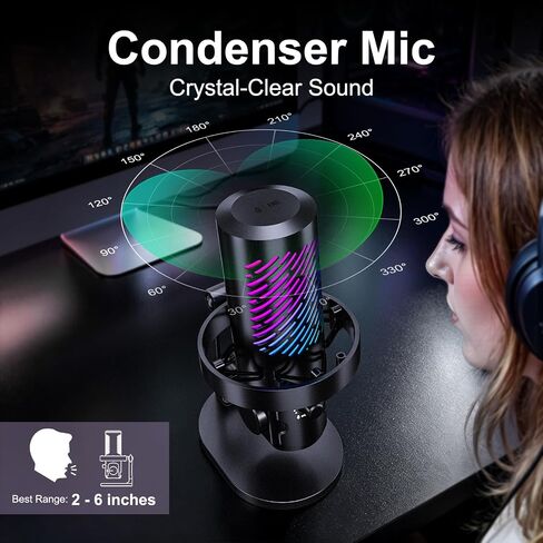 ميكروفون ألعاب Tenlamp RGB USB للكمبيوتر الشخصي، والبث والبودكاست، وميكروفون مكثف قلبي مع تقليل الضوضاء، وكتم صوت اللمس، ومراقبة سماعة الرأس، والتحكم في الكسب، والتوصيل والتشغيل لهاتف Mac in Kuwait