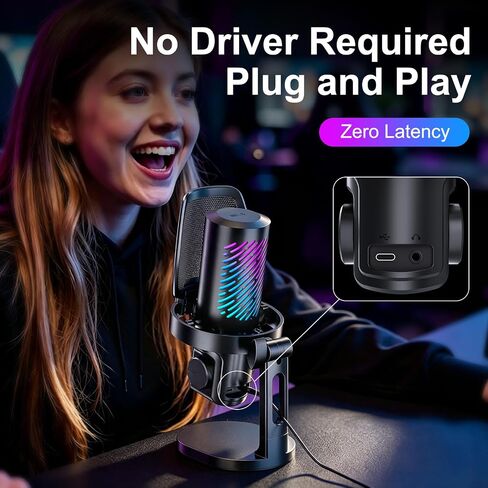 ميكروفون ألعاب Tenlamp RGB USB للكمبيوتر الشخصي، والبث والبودكاست، وميكروفون مكثف قلبي مع تقليل الضوضاء، وكتم صوت اللمس، ومراقبة سماعة الرأس، والتحكم في الكسب، والتوصيل والتشغيل لهاتف Mac in Kuwait