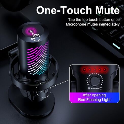 ميكروفون ألعاب Tenlamp RGB USB للكمبيوتر الشخصي، والبث والبودكاست، وميكروفون مكثف قلبي مع تقليل الضوضاء، وكتم صوت اللمس، ومراقبة سماعة الرأس، والتحكم في الكسب، والتوصيل والتشغيل لهاتف Mac in Kuwait