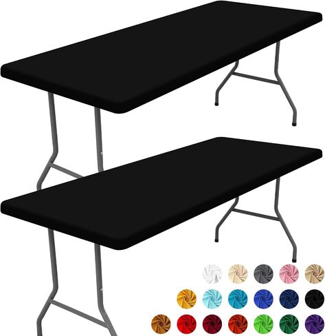 Moosfor Spandex 6 Foot Rectangle Table Cloth 2 Pack, Elastic Fitted Tablecloths for Picnic, Stretch Washable Patio Table Cover for Outdoor, Camping, Banquet and Parties (Black, 30"x72") in Kuwait