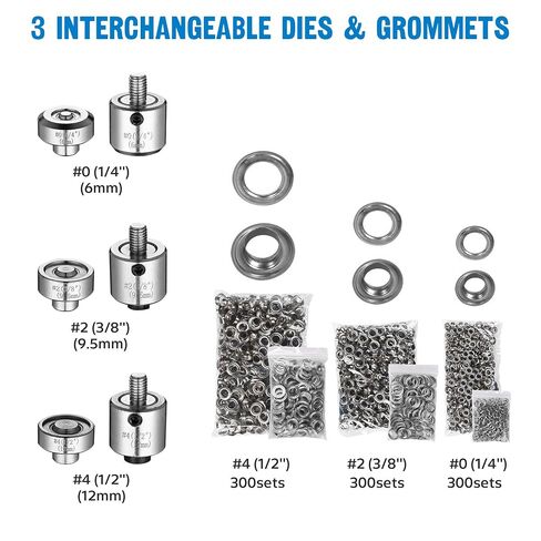 Yescom 1/4" 3/8" 1/2" Grommet Tool Kit Size #0#2#4 3-die Grommet Press Machine with Rolling Base 900 Sets of Grommets and Washers for Fabric Canvas Tarps Banners Labels Prints in Saudi Arabia