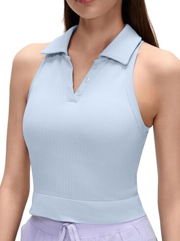 Womens Polo Tank Top Built in Bra Sleeveless Workout Yoga Athletic Ribbed Fitted Activewear Shirt in Saudi Arabia