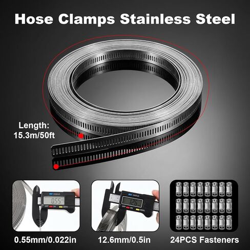 304 Stainless Steel Hose Clamp Kit, Large Adjustable Worm Gear Hose Clamps with Cuttable 50FT Metal Strap and 24 Stronger Fasteners Band Screw Clamps for Fuel Line Pipe Auto Tube Plumbing in Kuwait