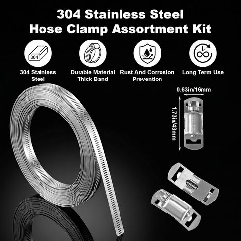 304 Stainless Steel Hose Clamp Kit, Large Adjustable Worm Gear Hose Clamps with Cuttable 50FT Metal Strap and 24 Stronger Fasteners Band Screw Clamps for Fuel Line Pipe Auto Tube Plumbing in Kuwait