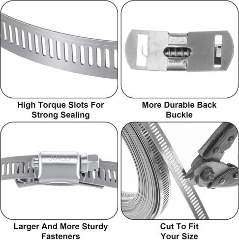 304 Stainless Steel Hose Clamp Kit, Large Adjustable Worm Gear Hose Clamps with Cuttable 50FT Metal Strap and 24 Stronger Fasteners Band Screw Clamps for Fuel Line Pipe Auto Tube Plumbing in Kuwait