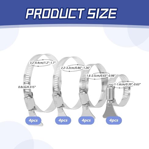 16Pcs 10-44mm Range 304 Stainless Steel Hose Clamps With Thumb Screw Handle 4 Size Adjustable Key Type Worm Gear Hose Clamp for Plumbing Automotive Mechanical Applications in Kuwait