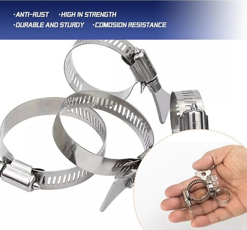 16Pcs 10-44mm Range 304 Stainless Steel Hose Clamps With Thumb Screw Handle 4 Size Adjustable Key Type Worm Gear Hose Clamp for Plumbing Automotive Mechanical Applications in Kuwait