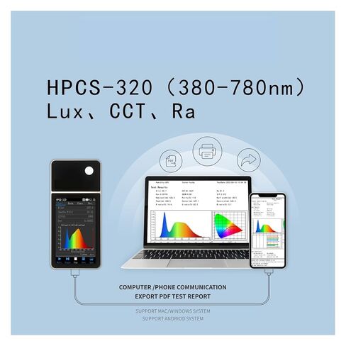 HPCS320 مطياف الضوء المحمول مع شاشة تعمل باللمس، محلل طيف صغير عالي الدقة 380-780 نانومتر، مقياس إضاءة لوكس، حساسية عالية، خطأ منخفض in Kuwait