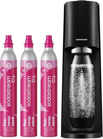 حزمة صانع المياه المتألقة Sodastream Terra باللون الأسود - تشمل ثاني أكسيد الكربون 3 عبوات وزجاجة كربونية in Kuwait