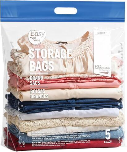 5PCS 5 Gallon Zipper Lock Plastic Bags with Handle and bottom,18"x20.5"+7",Extra Large Size Reusable Storage Bag with Double Zip for Clothing,Travel,Moving,Beach,BPA-Free,3-Mil Thick in Kuwait