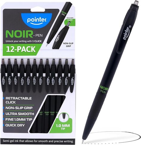أقلام Pointer Noir القابلة للسحب - مع رأس دقيق ودقيق، حبر أسود شبه جل، تدفق سلس وكتابة سهلة التحكم وقبضة غير قابلة للانزلاق، سريعة الجفاف ومريحة وتدوم طويلاً للطلاب والمحترفين - عبوة من 12 قطعة in Kuwait