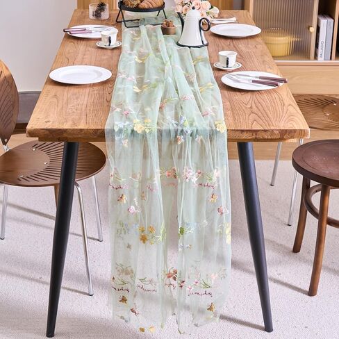 vctops 2 Packs Embroidery Lace Fall Table Runner 10ft Floral Garden Seasonal Tulle Table Runner Holiday Kitchen Dining Table Decoration for Wedding Party Baby Shower Birthday (Sage Green,30"x120") in Kuwait